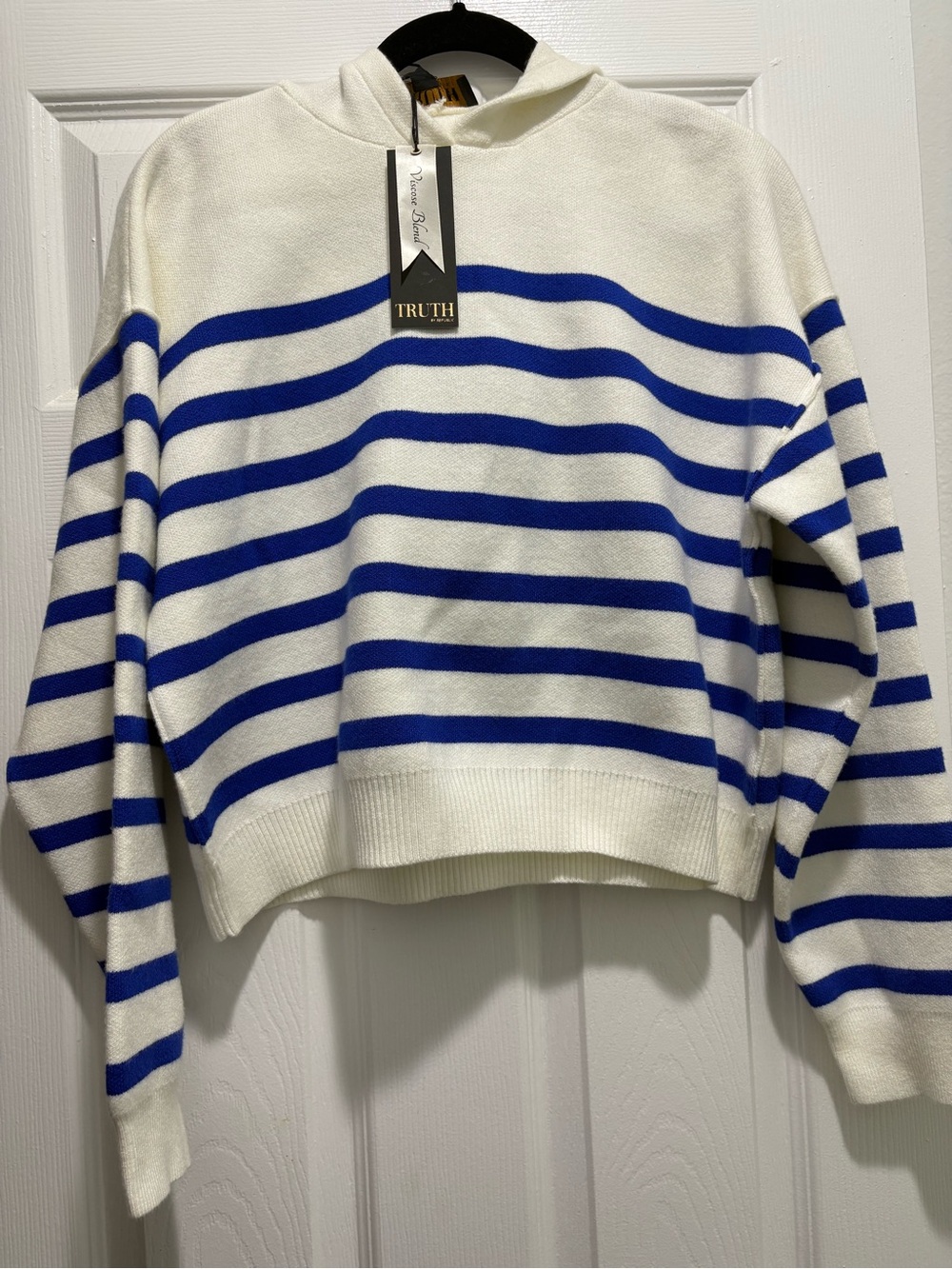 Truth White and Royal Blue Striped Crewneck Sweater